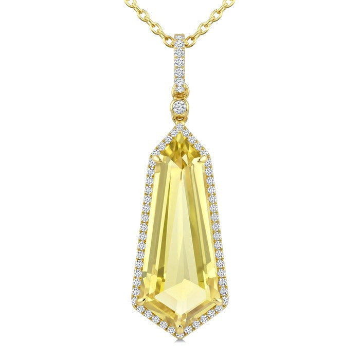 22X9 MM Evoque Gemstones Shield Shape Lemon Quartz and 1/4 Ctw Round Cut Diamond Semi-Precious Pendant With Chain in 14K Yellow Gold