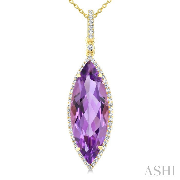 22X8 MM Evoque Gemstones Marquise Shape Amethyst and 1/4 Ctw Round Cut Diamond Semi-Precious Pendant With Chain in 14K Yellow Gold
