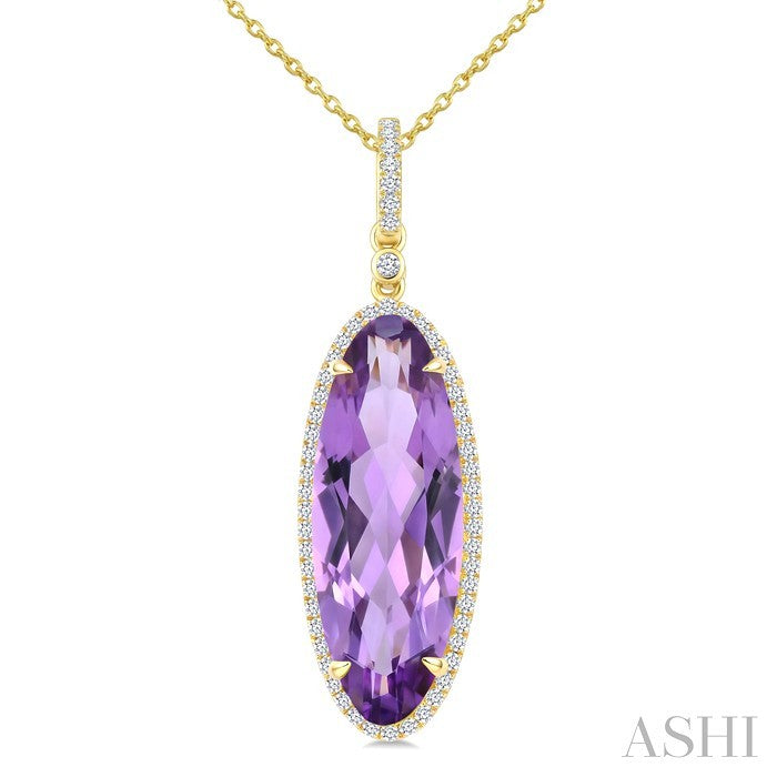 22X8 MM Evoque Gemstones Oval Shape Amethyst and 1/4 Ctw Round Cut Diamond Semi-Precious Pendant With Chain in 14K Yellow Gold
