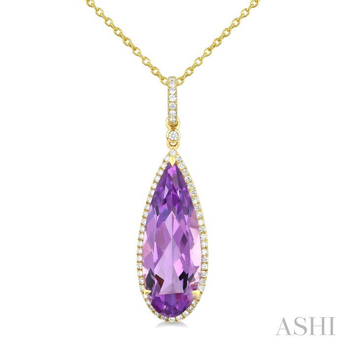 22X8 MM Evoque Gemstones Pear Shape Amethyst and 1/4 Ctw Round Cut Diamond Semi-Precious Pendant With Chain in 14K Yellow Gold