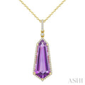 22X9 MM Evoque Gemstones Shield Shape Amethyst and 1/4 Ctw Round Cut Diamond Semi-Precious Pendant With Chain in 14K Yellow Gold