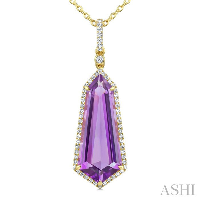 22X9 MM Evoque Gemstones Shield Shape Amethyst and 1/4 Ctw Round Cut Diamond Semi-Precious Pendant With Chain in 14K Yellow Gold
