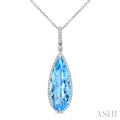 22X8 MM Evoque Gemstones Pear Shape Blue Topaz and 1/4 Ctw Round Cut Diamond Semi-Precious Pendant With Chain in 14K White Gold