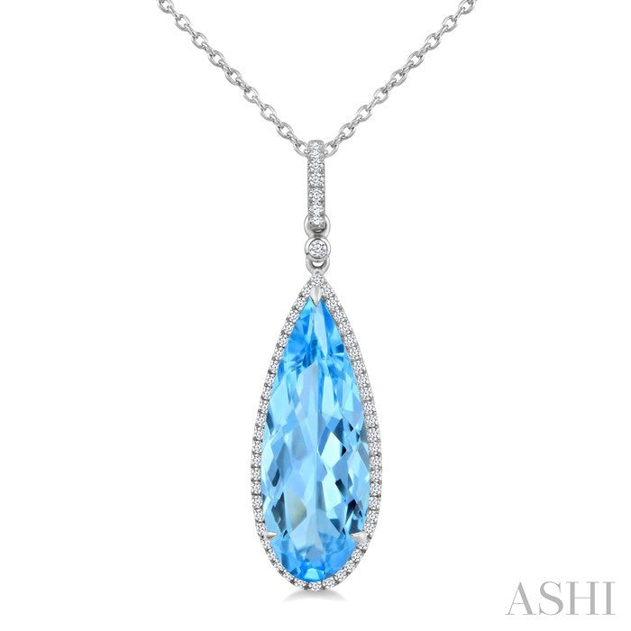 22X8 MM Evoque Gemstones Pear Shape Blue Topaz and 1/4 Ctw Round Cut Diamond Semi-Precious Pendant With Chain in 14K White Gold