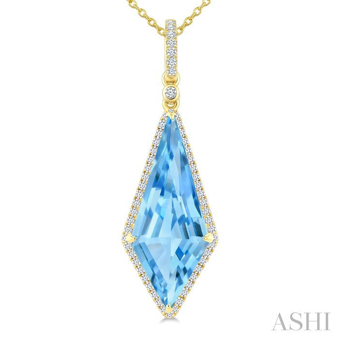 22X9 MM Evoque Gemstones Kite Shape Blue Topaz and 1/4 Ctw Round Cut Diamond Semi-Precious Pendant With Chain in 14K Yellow Gold