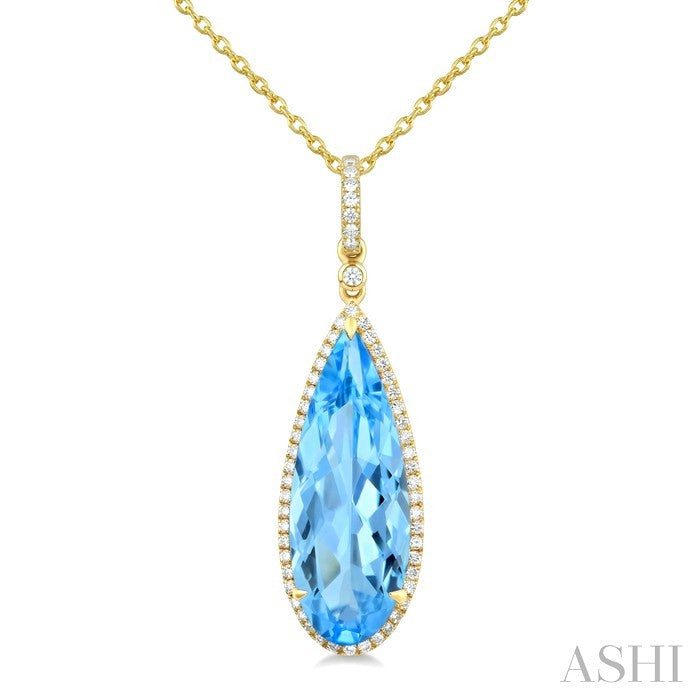 22X8 MM Evoque Gemstones Pear Shape Blue Topaz and 1/4 Ctw Round Cut Diamond Semi-Precious Pendant With Chain in 14K Yellow Gold