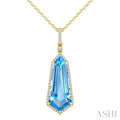 22X9 MM Evoque Gemstones Shield Shape Blue Topaz and 1/4 Ctw Round Cut Diamond Semi-Precious Pendant With Chain in 14K Yellow Gold