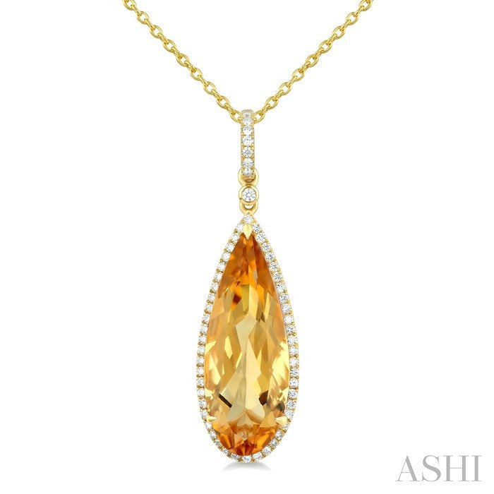 22X8 MM Evoque Gemstone Pear Shape Citrine and 1/4 Ctw Round Cut Diamond Semi-Precious Pendant With Chain in 14K Yellow Gold