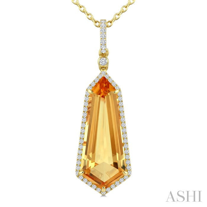 22X9 MM Evoque Gemstone Shield Shape Citrine and 1/4 Ctw Round Cut Diamond Semi-Precious Pendant With Chain in 14K Yellow Gold
