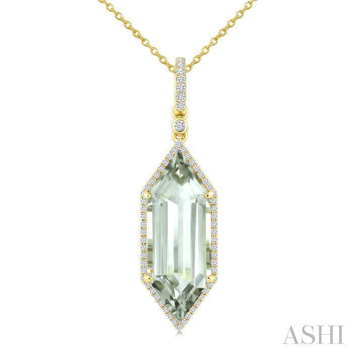 22X8 MM Evoque Gemstone Hexagon Shape Green Amethyst and 1/4 Ctw Round Cut Diamond Semi-Precious Pendant With Chain in 14K Yellow Gold