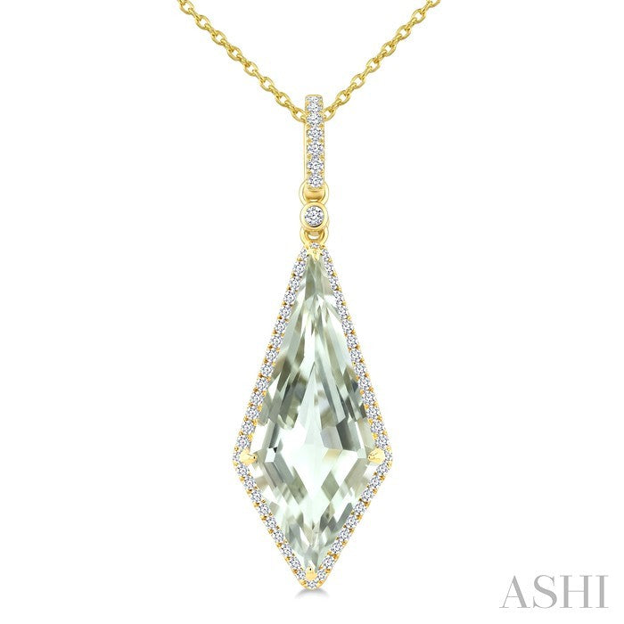 22X9 MM Evoque Gemstone Kite Shape Green Amethyst and 1/4 Ctw Round Cut Diamond Semi-Precious Pendant With Chain in 14K Yellow Gold