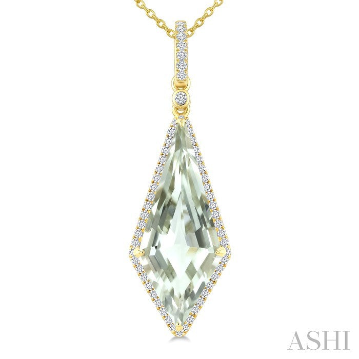 22X9 MM Evoque Gemstone Kite Shape Green Amethyst and 1/4 Ctw Round Cut Diamond Semi-Precious Pendant With Chain in 14K Yellow Gold