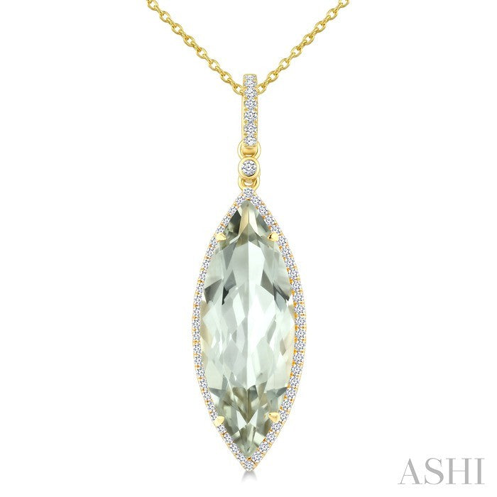 22X8 MM Evoque Gemstone Marquise Shape Green Amethyst and 1/4 Ctw Round Cut Diamond Semi-Precious Pendant With Chain in 14K Yellow Gold