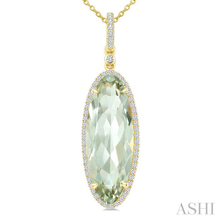 22X8 MM Evoque Gemstone Oval Shape Green Amethyst and 1/4 Ctw Round Cut Diamond Semi-Precious Pendant With Chain in 14K Yellow Gold