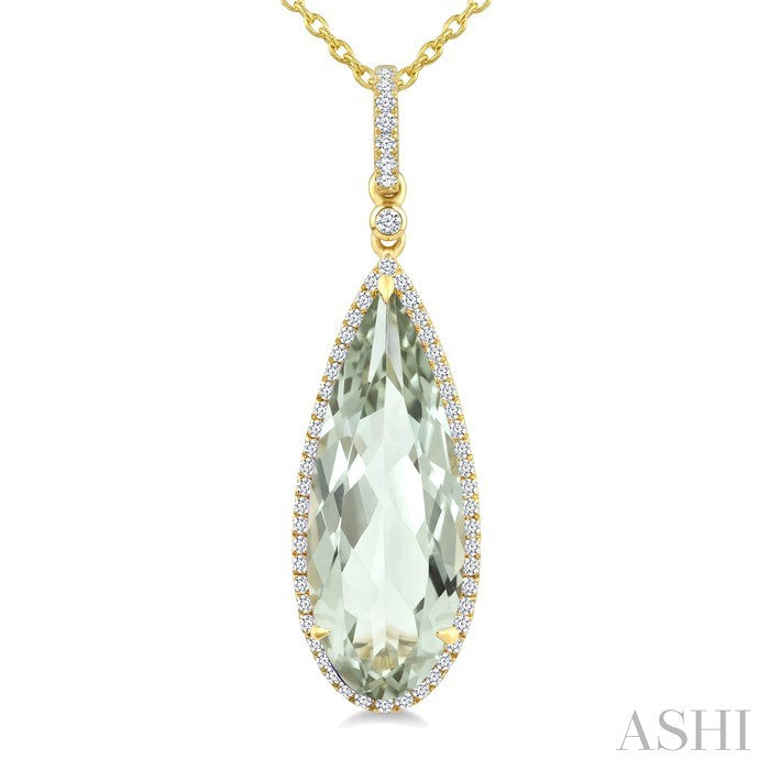 22X8 MM Evoque Gemstone Pear Shape Green Amethyst and 1/4 Ctw Round Cut Diamond Semi-Precious Pendant With Chain in 14K Yellow Gold