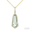 22X9 MM Evoque Gemstone Shield Shape Green Amethyst and 1/4 Ctw Round Cut Diamond Semi-Precious Pendant With Chain in 14K Yellow Gold