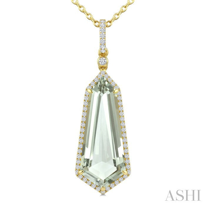 22X9 MM Evoque Gemstone Shield Shape Green Amethyst and 1/4 Ctw Round Cut Diamond Semi-Precious Pendant With Chain in 14K Yellow Gold