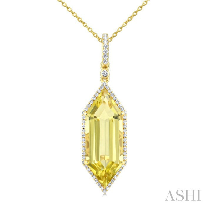 22X8 MM Evoque Gemstones Hexagon Shape Lemon Quartz and 1/4 Ctw Round Cut Diamond Semi-Precious Pendant With Chain in 14K Yellow Gold