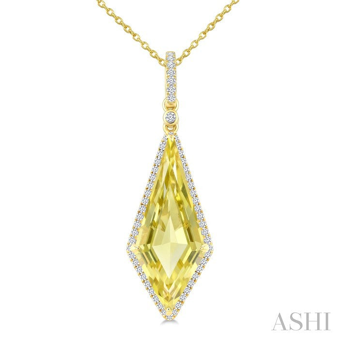 22X9 MM Evoque Gemstones Kite Shape Lemon Quartz and 1/4 Ctw Round Cut Diamond Semi-Precious Pendant With Chain in 14K Yellow Gold