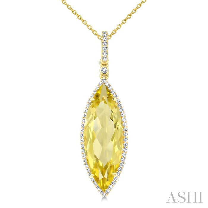 22X8 MM Evoque Gemstones Marquise Shape Lemon Quartz and 1/4 Ctw Round Cut Diamond Semi-Precious Pendant With Chain in 14K Yellow Gold