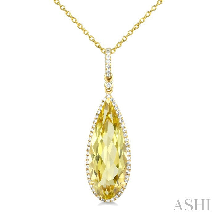22X8 MM Evoque Gemstones Pear Shape Lemon Quartz and 1/4 Ctw Round Cut Diamond Semi-Precious Pendant With Chain in 14K Yellow Gold