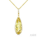 22X8 MM Evoque Gemstones Pear Shape Lemon Quartz and 1/4 Ctw Round Cut Diamond Semi-Precious Pendant With Chain in 14K Yellow Gold