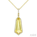 22X9 MM Evoque Gemstones Shield Shape Lemon Quartz and 1/4 Ctw Round Cut Diamond Semi-Precious Pendant With Chain in 14K Yellow Gold