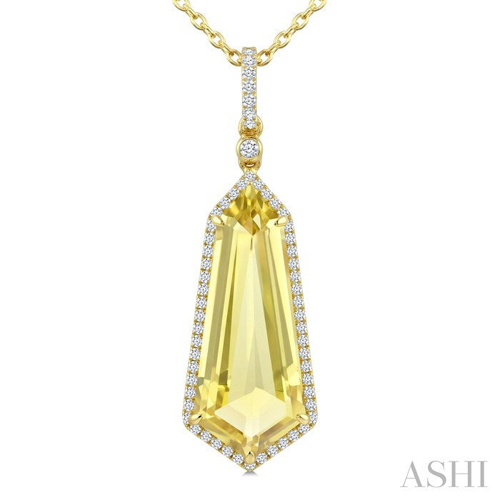 22X9 MM Evoque Gemstones Shield Shape Lemon Quartz and 1/4 Ctw Round Cut Diamond Semi-Precious Pendant With Chain in 14K Yellow Gold