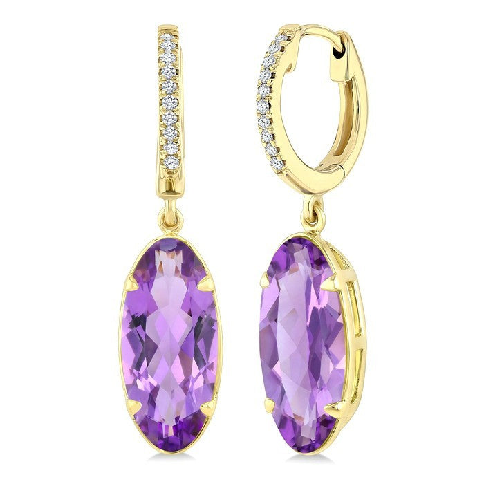 14X6 MM Evoque Gemstones Oval Shape Amethyst and 1/10 Ctw Round Cut Diamond Semi-Precious Earrings in 14K Yellow Gold