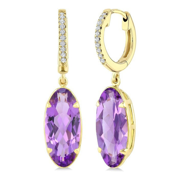14X6 MM Evoque Gemstones Oval Shape Amethyst and 1/10 Ctw Round Cut Diamond Semi-Precious Earrings in 14K Yellow Gold