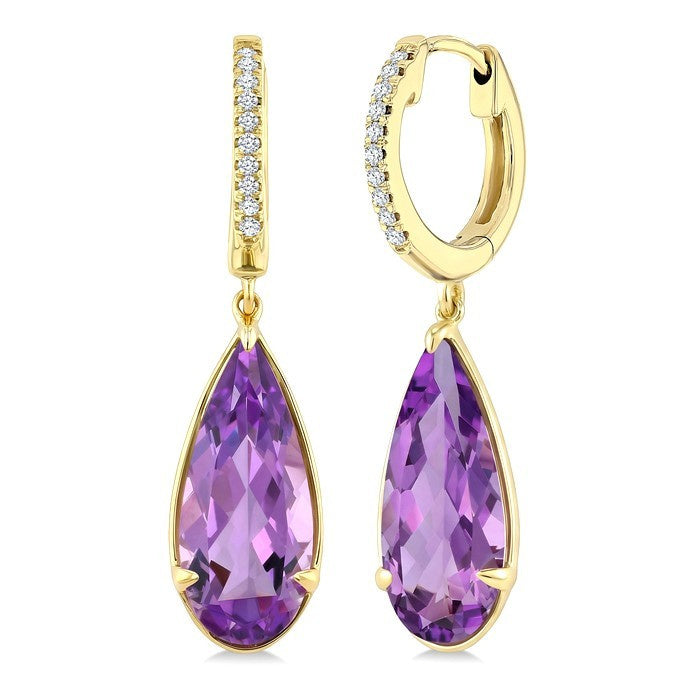 14X6 MM Evoque Gemstones Pear Shape Amethyst and 1/10 Ctw Round Cut Diamond Semi-Precious Earrings in 14K Yellow Gold