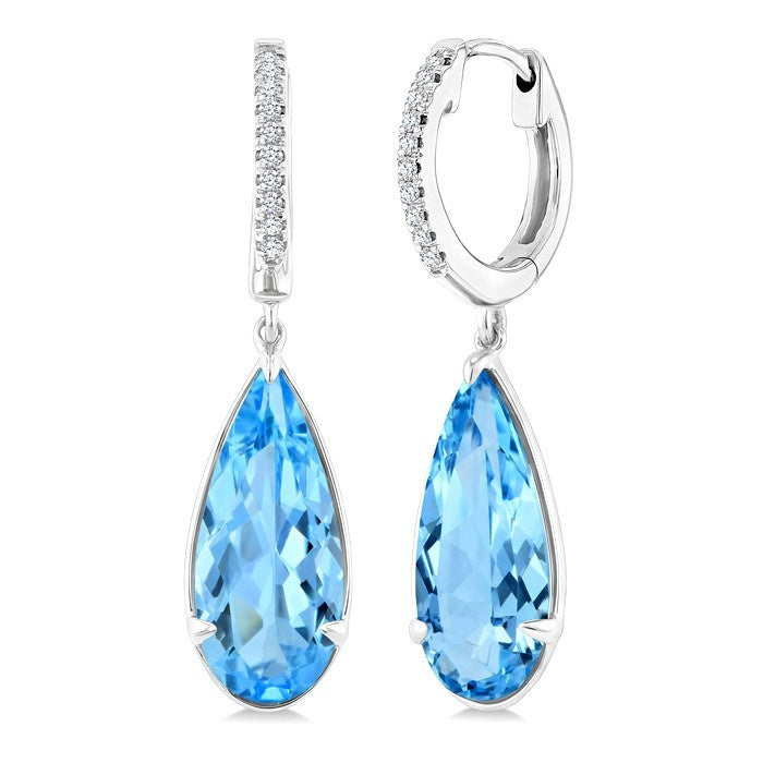 14X6 MM Evoque Gemstones Pear Shape Blue Topaz and 1/10 Ctw Round Cut Diamond Semi-Precious Earrings in 14K White Gold