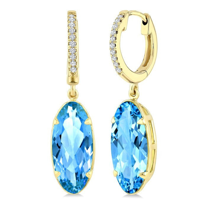 14X6 MM Evoque Gemstones Oval Shape Blue Topaz and 1/10 Ctw Round Cut Diamond Semi-Precious Earrings in 14K Yellow Gold