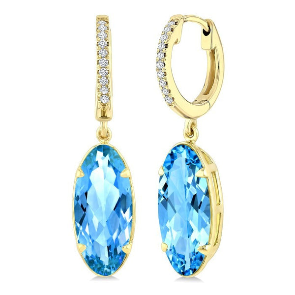 14X6 MM Evoque Gemstones Oval Shape Blue Topaz and 1/10 Ctw Round Cut Diamond Semi-Precious Earrings in 14K Yellow Gold
