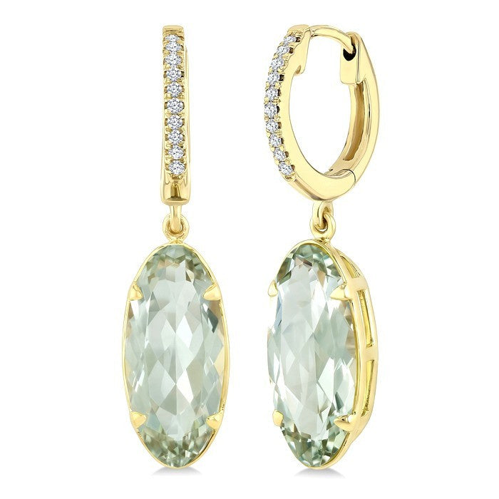 14X6 MM Evoque Gemstones Oval Shape Green Amethyst and 1/10 Ctw Round Cut Diamond Semi-Precious Earrings in 14K Yellow Gold