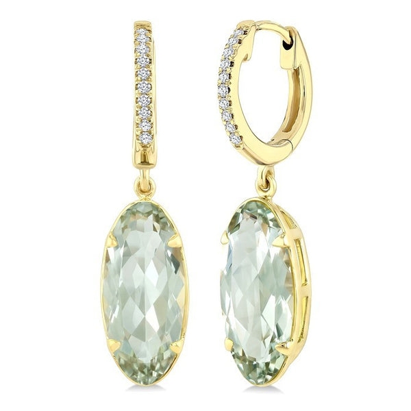14X6 MM Evoque Gemstones Oval Shape Green Amethyst and 1/10 Ctw Round Cut Diamond Semi-Precious Earrings in 14K Yellow Gold