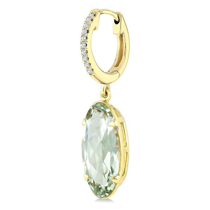 14X6 MM Evoque Gemstones Oval Shape Green Amethyst and 1/10 Ctw Round Cut Diamond Semi-Precious Earrings in 14K Yellow Gold