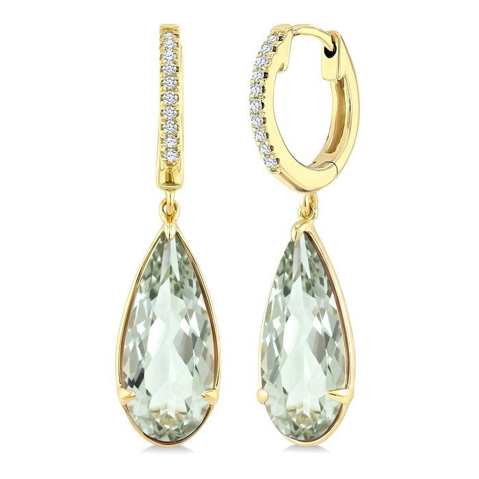 14X6 MM Evoque Gemstones Pear Shape Green Amethyst and 1/10 Ctw Round Cut Diamond Semi-Precious Earrings in 14K Yellow Gold