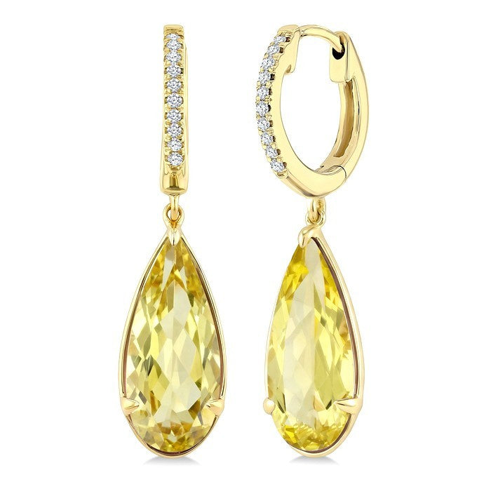 14X6 MM Evoque Gemstones Pear Shape Lemon Quartz and 1/10 Ctw Round Cut Diamond Semi-Precious Earrings in 14K Yellow Gold