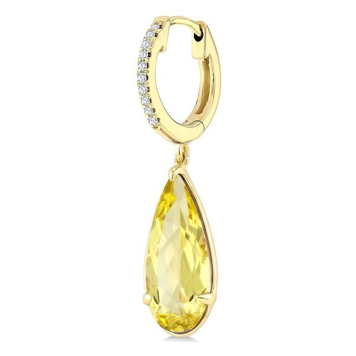 14X6 MM Evoque Gemstones Pear Shape Lemon Quartz and 1/10 Ctw Round Cut Diamond Semi-Precious Earrings in 14K Yellow Gold