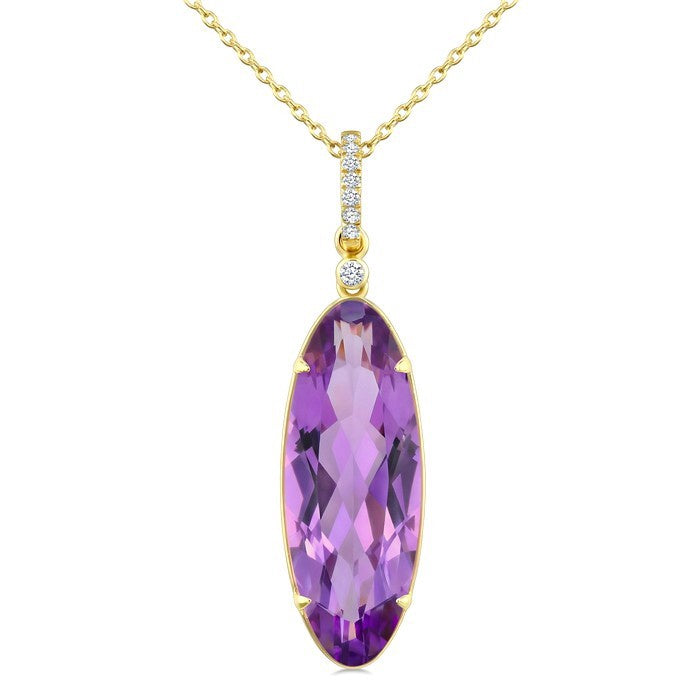 22X8 MM Evoque Gemstones Oval Shape Amethyst and 1/20 Ctw Round Cut Diamond Semi-Precious Pendant With Chain in 14K Yellow Gold