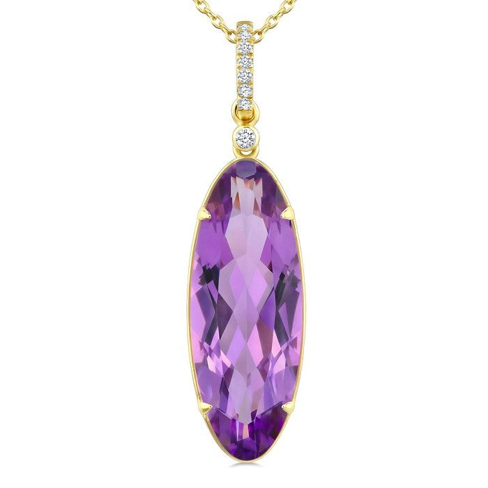 22X8 MM Evoque Gemstones Oval Shape Amethyst and 1/20 Ctw Round Cut Diamond Semi-Precious Pendant With Chain in 14K Yellow Gold
