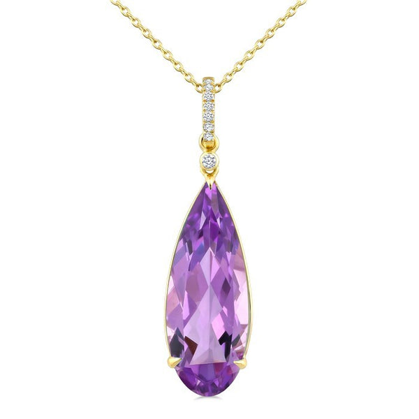 22X8 MM Evoque Gemstones Pear Shape Amethyst and 1/20 Ctw Round Cut Diamond Semi-Precious Pendant With Chain in 14K Yellow Gold