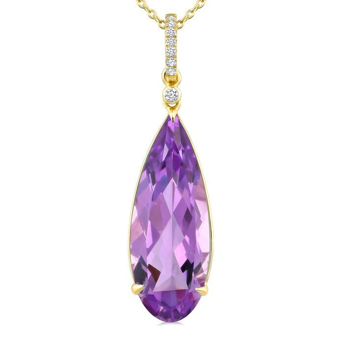 22X8 MM Evoque Gemstones Pear Shape Amethyst and 1/20 Ctw Round Cut Diamond Semi-Precious Pendant With Chain in 14K Yellow Gold