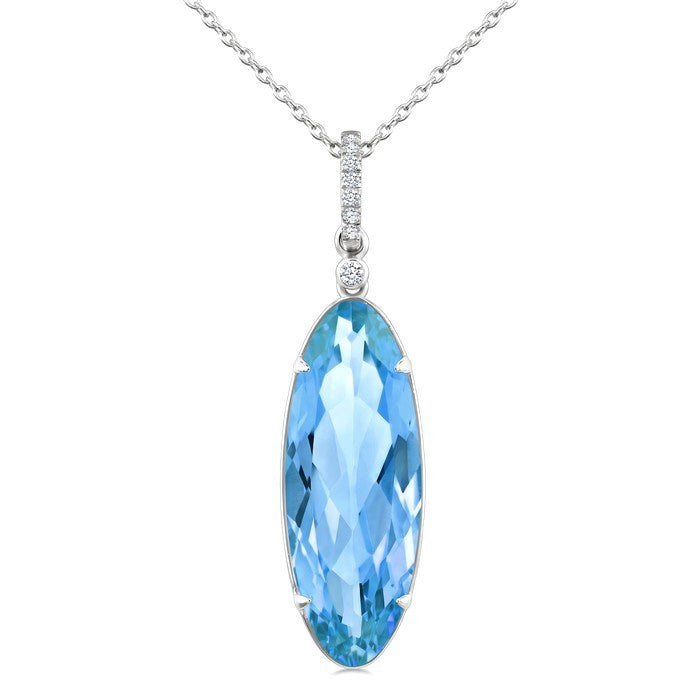 22X8 MM Evoque Gemstones Oval Shape Blue Topaz and 1/20 Ctw Round Cut Diamond Semi-Precious Pendant With Chain in 14K White Gold