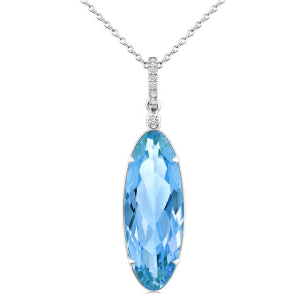 22X8 MM Evoque Gemstones Oval Shape Blue Topaz and 1/20 Ctw Round Cut Diamond Semi-Precious Pendant With Chain in 14K White Gold