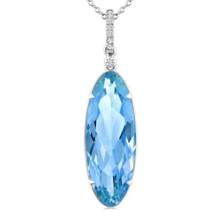 22X8 MM Evoque Gemstones Oval Shape Blue Topaz and 1/20 Ctw Round Cut Diamond Semi-Precious Pendant With Chain in 14K White Gold