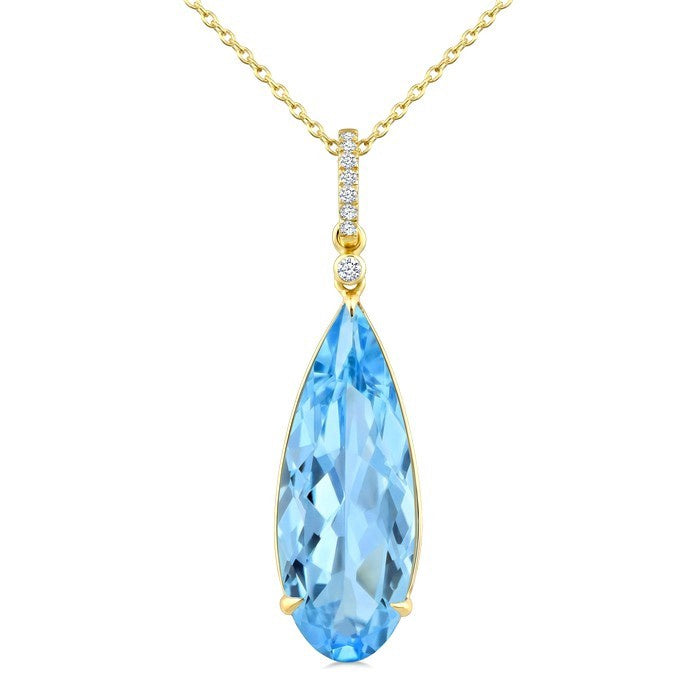22X8 MM Evoque Gemstones Pear Shape Blue Topaz and 1/20 Ctw Round Cut Diamond Semi-Precious Pendant With Chain in 14K Yellow Gold