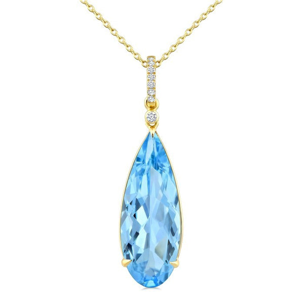 22X8 MM Evoque Gemstones Pear Shape Blue Topaz and 1/20 Ctw Round Cut Diamond Semi-Precious Pendant With Chain in 14K Yellow Gold