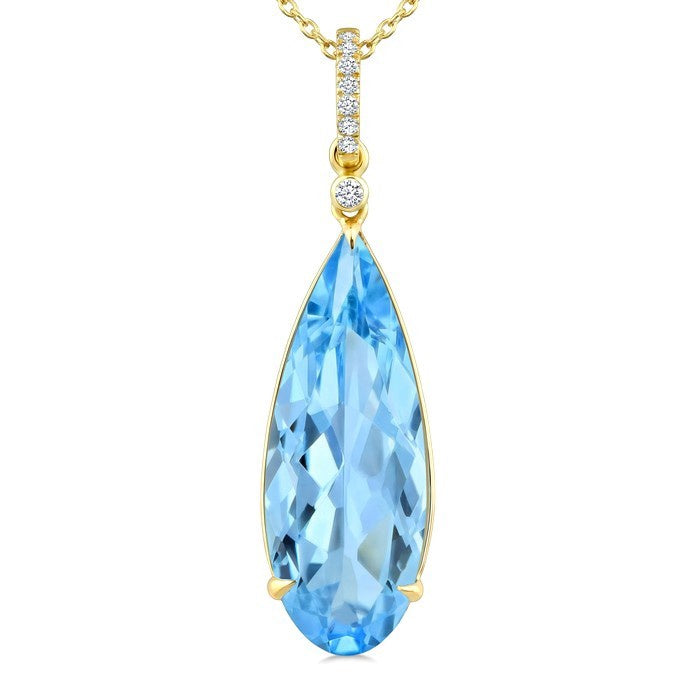 22X8 MM Evoque Gemstones Pear Shape Blue Topaz and 1/20 Ctw Round Cut Diamond Semi-Precious Pendant With Chain in 14K Yellow Gold